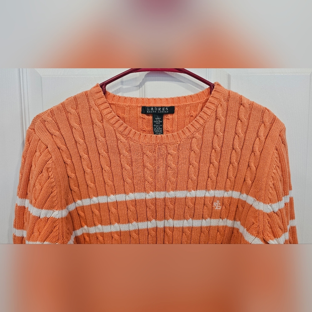 L-RL Women's Soft Orange & White Cable Crewneck Knit Sweater Size--L - Picture 4 of 10